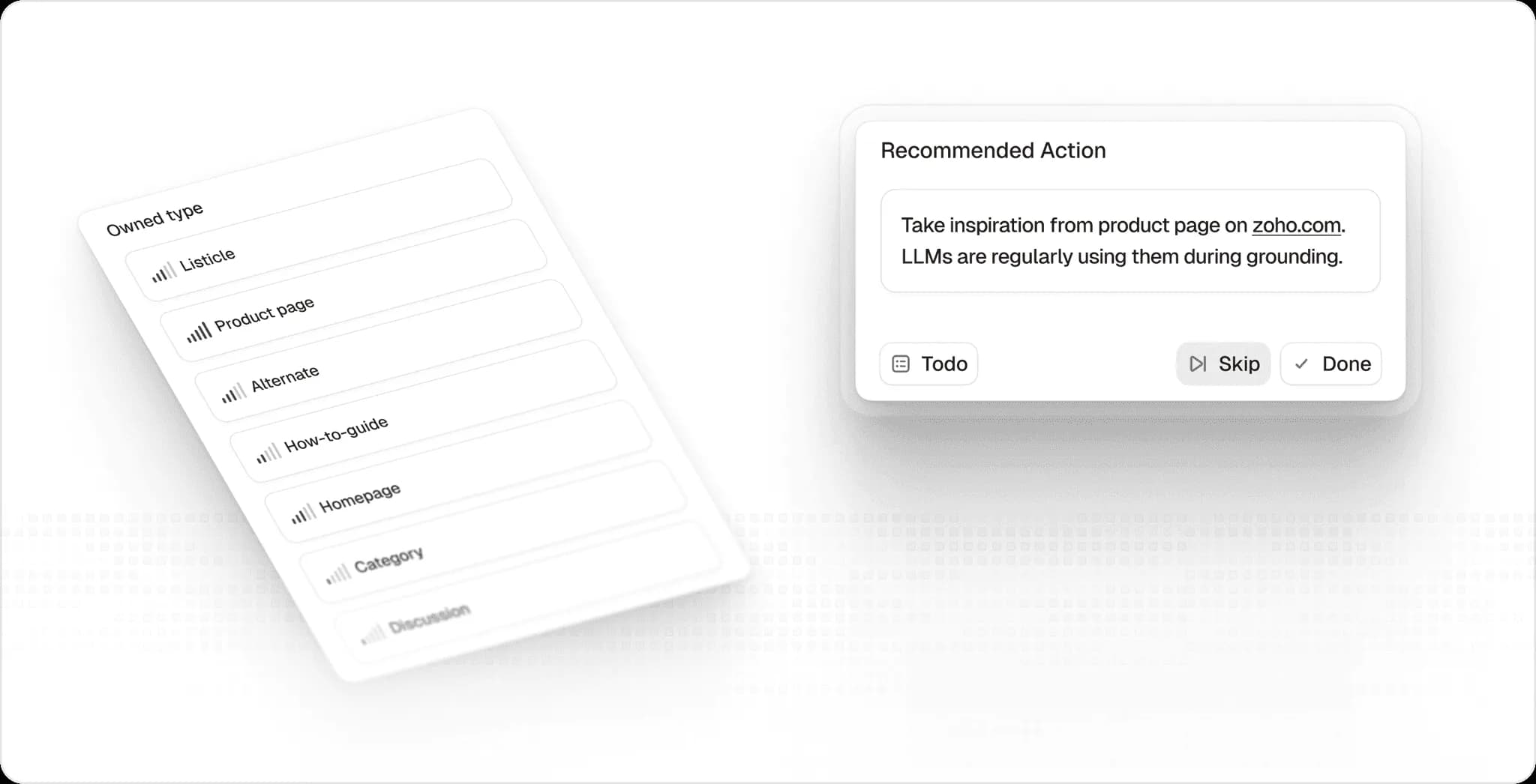 Owned content type list and recommended action for product pages cited by LLMs